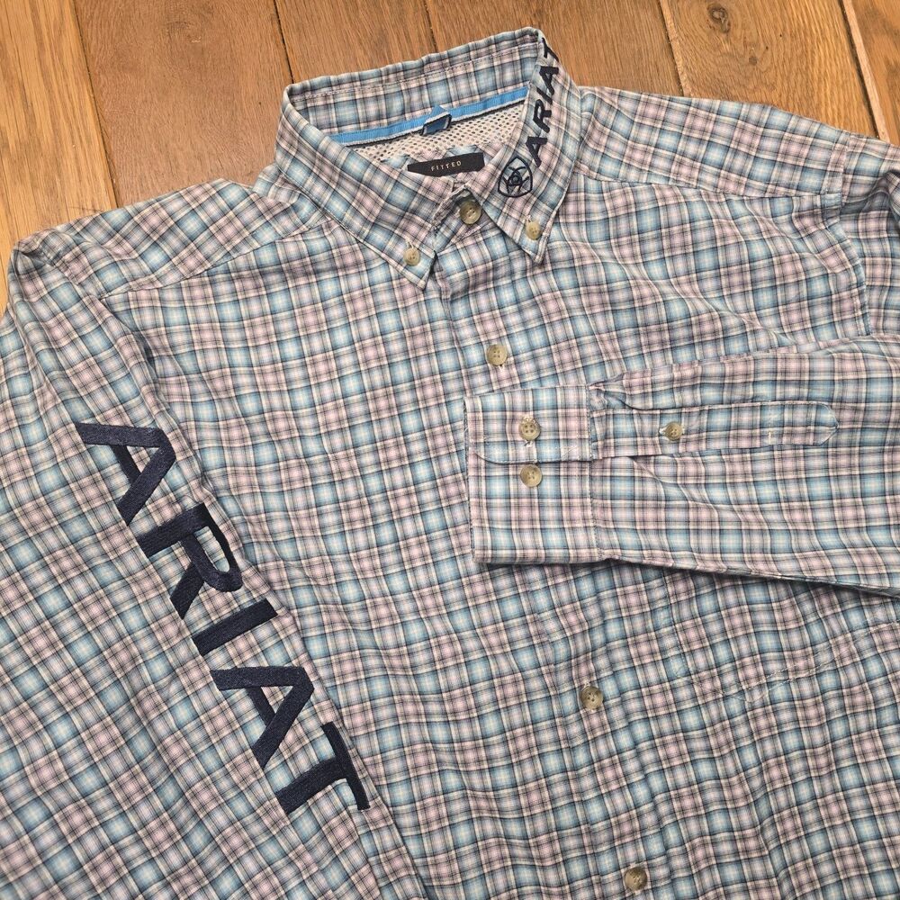 ARIAT Men's M Pro Series Team Shay Blue Checkered Fitted Shirt Embroidered